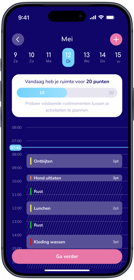 Schermafbeelding van de agenda in de Vaelio-app met geplande activiteiten en rustmomenten