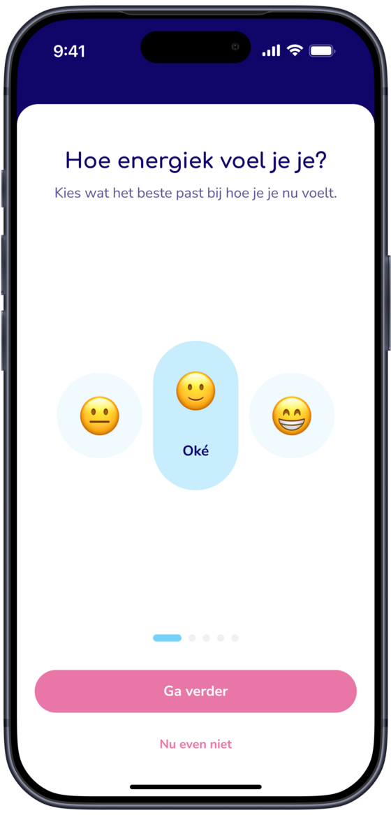Schermafbeelding van de dagelijkse check-in in de Vaelio-app met de vraag: hoe energiek voel je je?