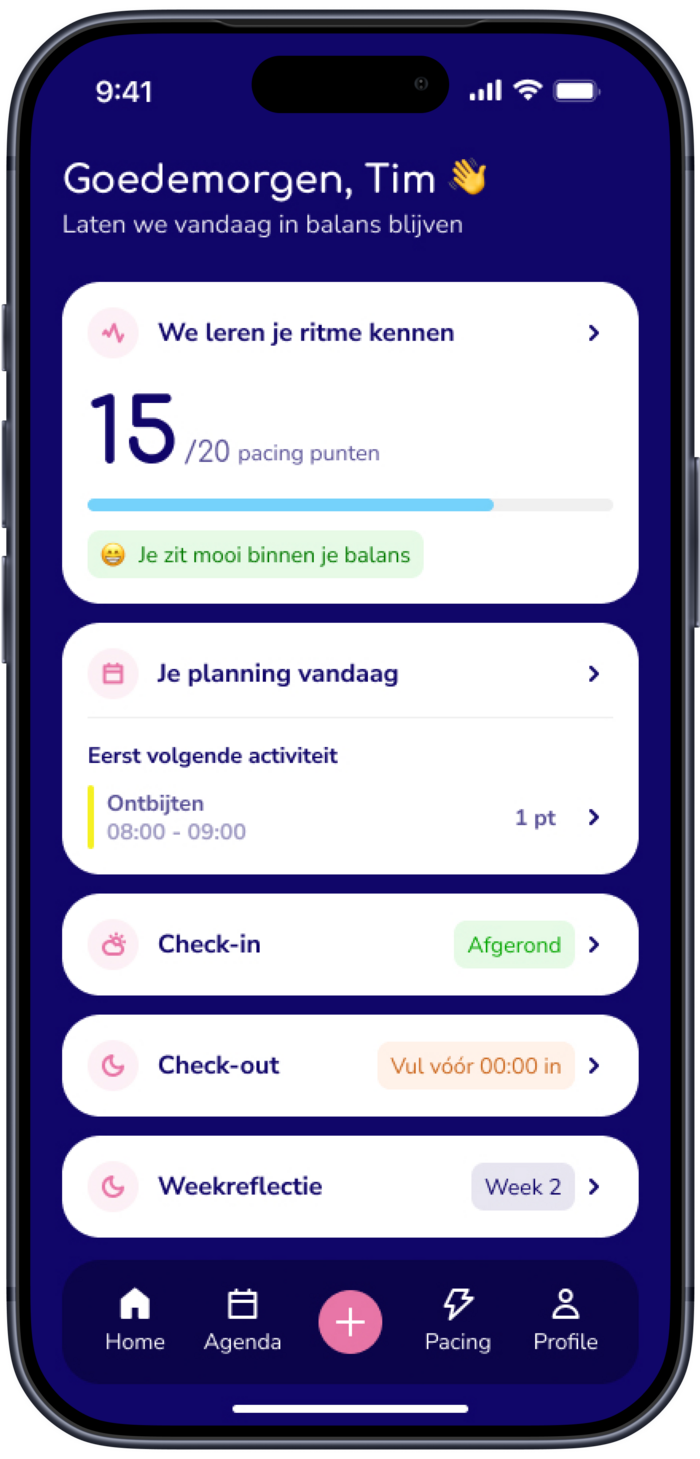 Telefoon met het startscherm van de Vaelio-app: goedemorgen-begroeting, pacingpunten en planning voor vandaag